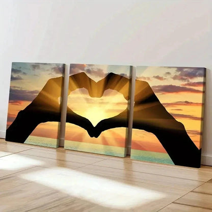 3pcs Hands Forming a Heart with Sunset Wall Art Set Canvas Framed 60x90cm - High Quality Print 100% Australian Made Wall Canvas Ready to Hang