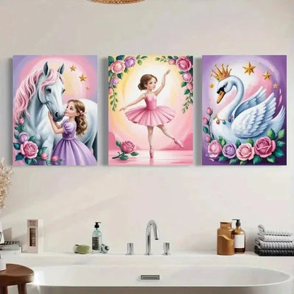 3pcs Ballet Girl, White Horse, Crowned Swan Wall Art Canvas Unframed - High Quality Print 100% Australian Made Wall Canvas - Bella Home Decor