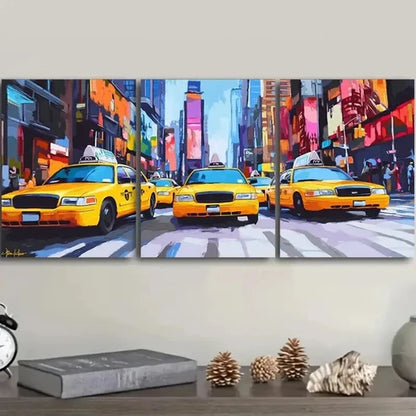 3pcs Urban Cabs in Cityscape Colorful Perfect Wall Art Set Canvas Unframed - High Quality Print 100% Australian Made Wall Canvas