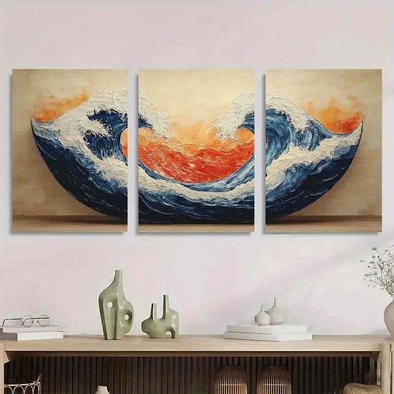3pcs Ocean Waves Ukiyo-E Style Japanese Perfect Wall Art Set Canvas Framed 50x70cm - High Quality Print 100% Australian Made Wall Canvas Ready to Hang