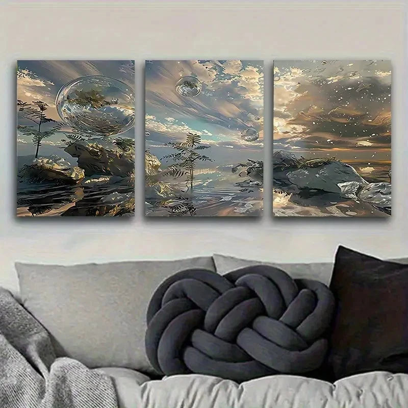 3pcs Fantasy Ice Land with Bubbles Wall Art Set Canvas Framed 50x70cm - High Quality Print 100% Australian Made Wall Canvas Ready to Hang