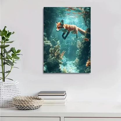 Fox Swimming Under Coral Reef Scene Painting 40x60cm Metal Print Ready to Hang - Bella Home Decor