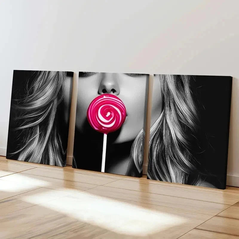 3pcs Beautiful Woman Kissing Lollipop Wall Art Set Canvas Framed 60x90cm - High Quality Print 100% Australian Made Wall Canvas Ready to Hang - Bella Home Decor