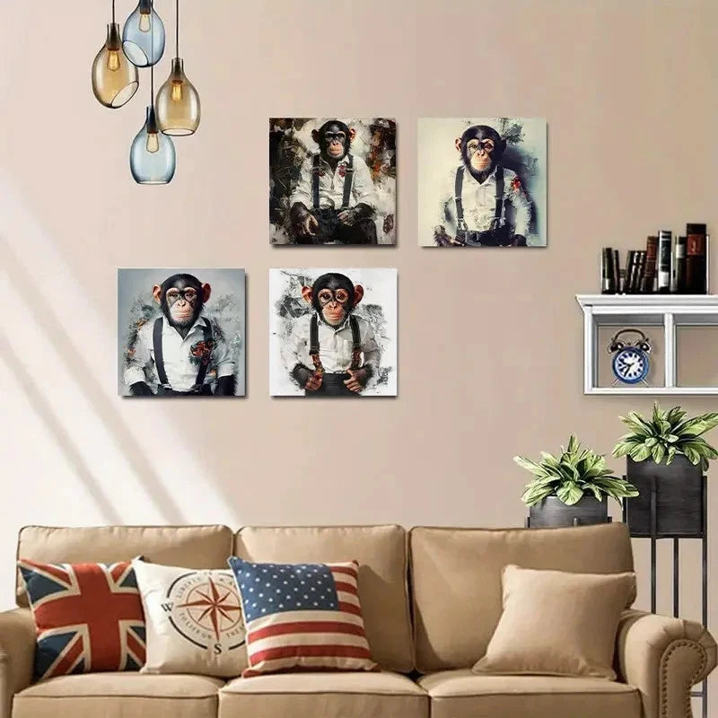 4pcs Chic Black Monkey Wall Art Canvas Framed