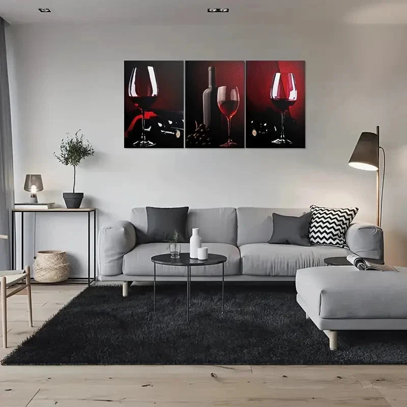 3pcs Dark Wine Glasses Bottles & Grapes Metal Print Ready to Hang Art - Bella Home Decor