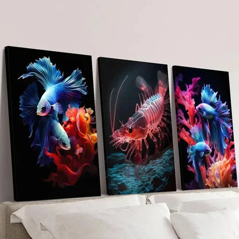 3pcs Colorful Red Shrimp and Betta Fish Wall Art Canvas Unframed – High Quality Print 100% Australian Made Wall Canvas - Bella Home Decor
