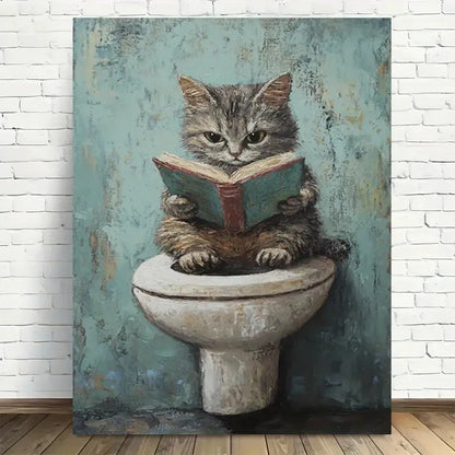 Beautiful Whimsical Cat Reading Modern Painting 40x60cm Metal Print Ready to Hang - Bella Home Decor