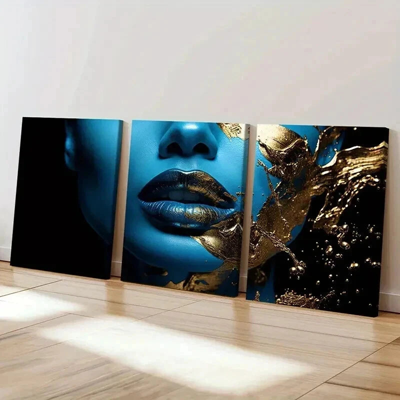3pcs Golden Lips Abstract Blue Face Wall Art Set Canvas Framed 60x90cm - High Quality Print 100% Australian Made Wall Canvas Ready to Hang - Bella Home Decor
