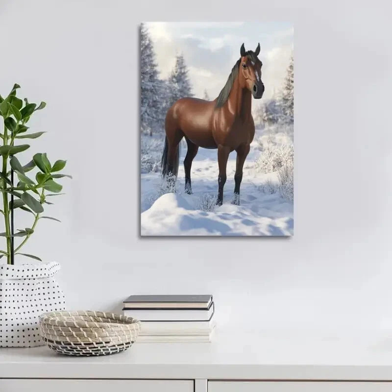 Beautiful Horse Equestrian Snowy Landscape Painting  40x60cm Metal Print Ready to Hang - Bella Home Decor