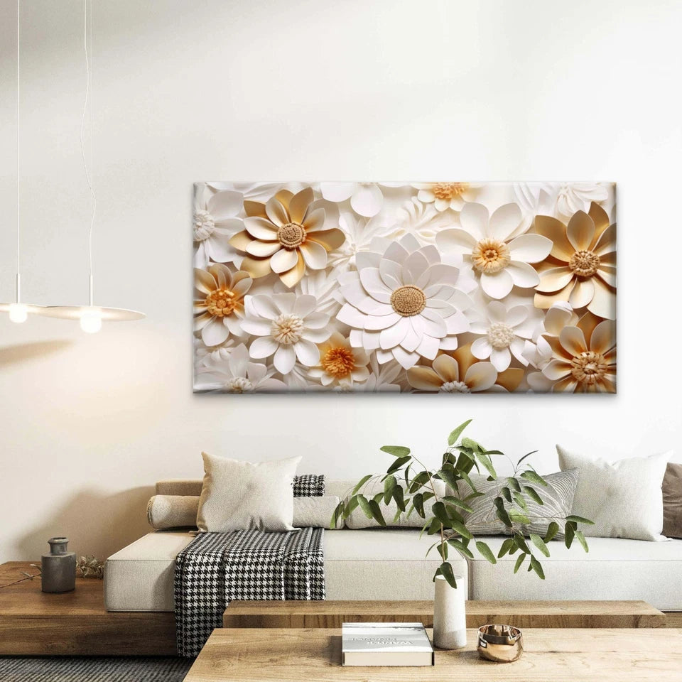 Elegant Gold White Paper Flower Wall Art Canvas Office Home Room Framed 120x60cm - Bella Home Decor