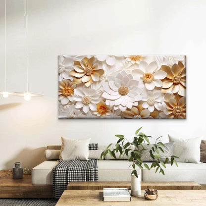 Elegant Gold White Paper Flower Wall Art Canvas Office Home Room Framed 120x60cm - Bella Home Decor