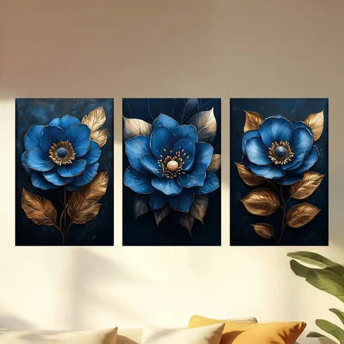 3pcs Blue flowers and Golden leaves Wall Art Set Canvas Unframed - High Quality Print 100% Australian Made Wall Canvas - Bella Home Decor