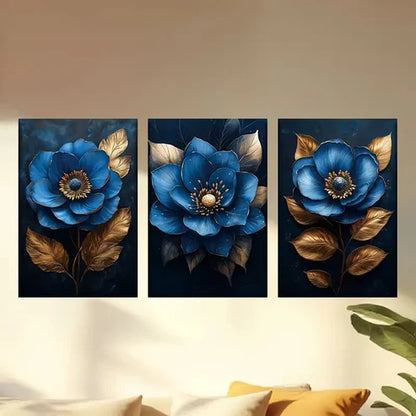 3pcs Blue flowers and Golden leaves Wall Art Set Canvas Unframed - High Quality Print 100% Australian Made Wall Canvas - Bella Home Decor