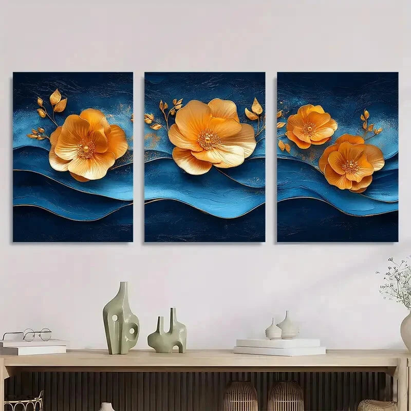 3pcs Modern Blue Golden Wave Abstract Metal Print Ready to Hang Art - Bella Home Decor
