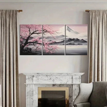 3pcs Sakura Blossoms & Snow Capped Mountain Wall Art Canvas Unframed - High Quality Print 100% Australian Made Wall Canvas