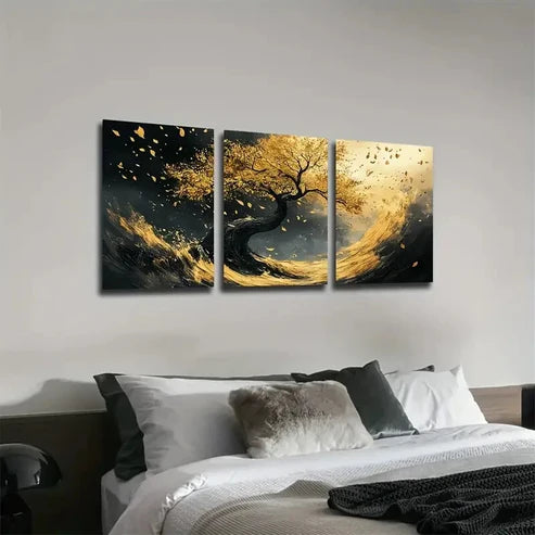 3pcs Noble Black and Golden Tree Wall Art Set Canvas Unframed - High Quality Print 100% Australian Made Wall Canvas  Wall Art Set Canvas