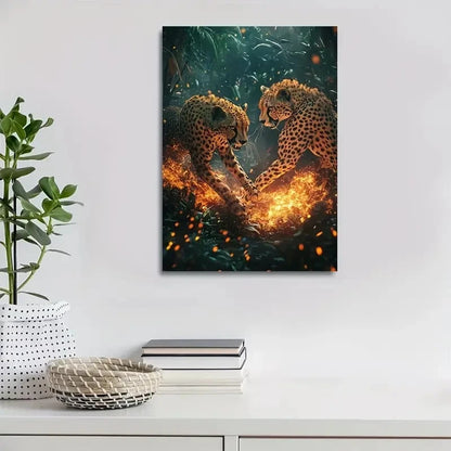 Cheetahs In Deep Jungle Scene with Glowing Painting 40x60cm Metal Print Ready to Hang - Bella Home Decor