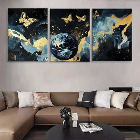 3pcs Golden Butterfly & Earth Marble Perfect  Wall Art Set Canvas Unframed - High Quality Print 100% Australian Made Wall Canvas - Bella Home Decor