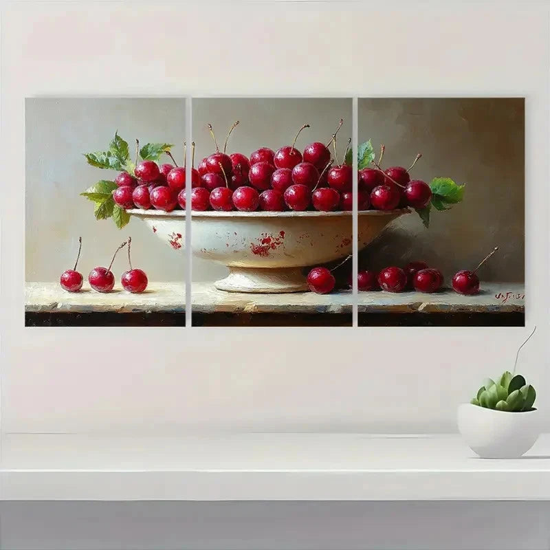 3pcs Cherry Berries Still Life Perfect Wall Art Set Canvas Framed 40x60cm - High Quality Print 100% Australian Made Wall Canvas Ready to Hang