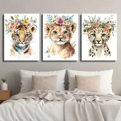 3pcs Tiger Cub & Lion with Floral Crowns Wall Art Canvas Unframed - High Quality Print 100% Australian Made Wall Canvas