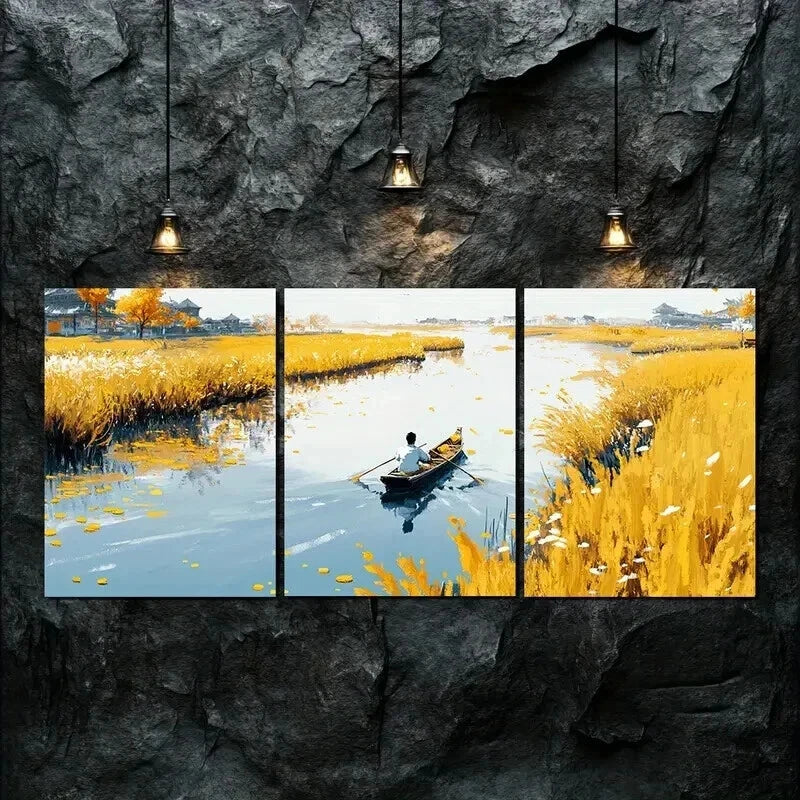 3pcs Stunning Autumn Scenery Boat Perfect Wall Art Set Canvas Framed 50x70cm - High Quality Print 100% Australian Made Wall Canvas Ready to Hang