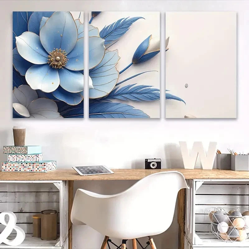 3pcs Blue Abstract Flowers Painting Wall Art Set Canvas Framed 40x60cm - High Quality Print 100% Australian Made Wall Canvas Ready to Hang - Bella Home Decor