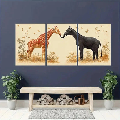 3pcs Adorable Elephant and Giraffe Vintage Metal Print Ready to Hang Art - Bella Home Decor