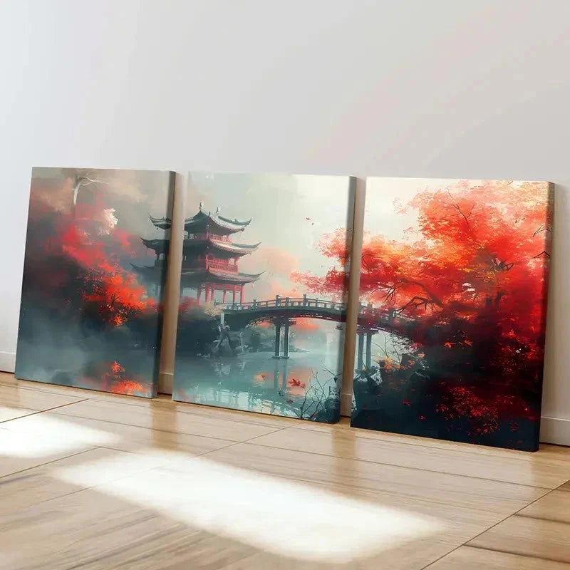 3pcs Chinese Ancient Style Painting Tower Bridge Wall Art Set Canvas Framed 50x70cm - High Quality Print 100% Australian Made Wall Canvas Ready to Hang - Bella Home Decor