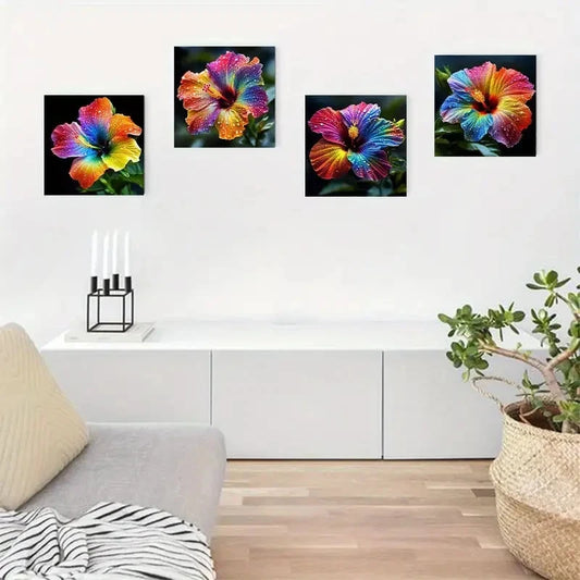 4pcs Colorful Hibiscus Flower Wall Art Canvas Framed