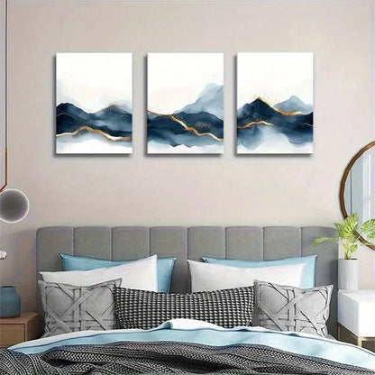 3pcs Blue Watercolor Peaks & Misty Horizon Metal Print Ready to Hang Art - Bella Home Decor