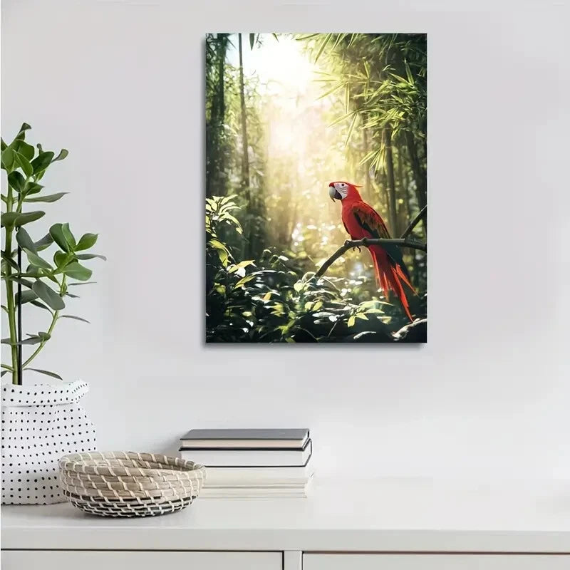 Vibrant Parrot in Bamboo Grove Painting 40x60cm Metal Print Ready to Hang - Bella Home Decor