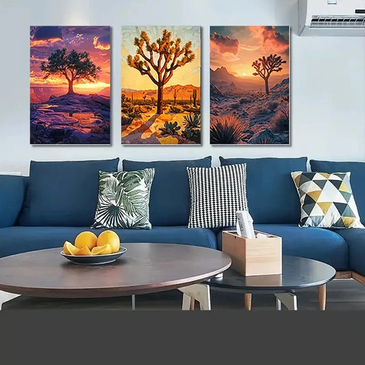 3pcs Vibrant Cacti & Sunset Scenes W Wall Art Set Canvas Framed 60x90cm - High Quality Print 100% Australian Made Wall Canvas Ready to Hang