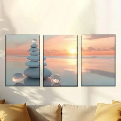 3pcs  Stack of Rocks on The Beach at Sunset Wall Art Set Canvas Framed 50x70cm - High Quality Print 100% Australian Made Wall Canvas Ready to Hang - Bella Home Decor