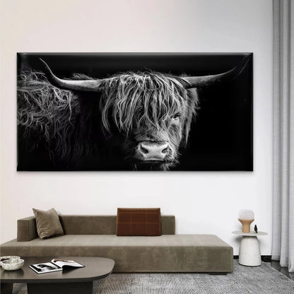 Black & White Highland Cow Wall Art Canvas Office Home Room Framed 120x60cm