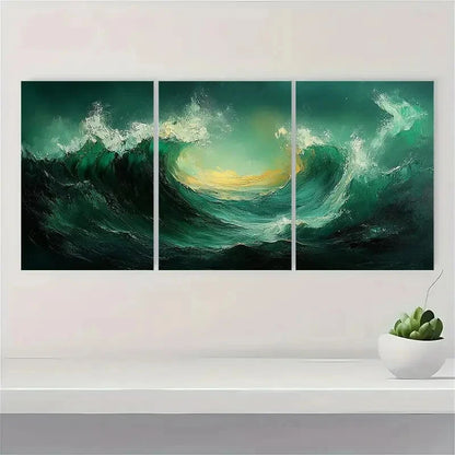 3pcs Stylish Modern Green Abstract Painting Metal Print Ready to Hang Art - Bella Home Decor
