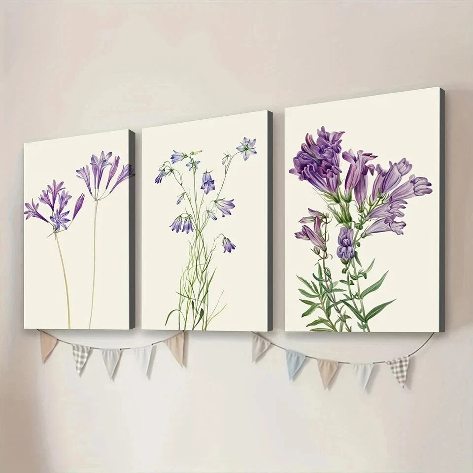 3pcs Purple Botanical Flower Art Green Leaves Wall Art Set Canvas Framed 50x70cm - High Quality Print 100% Australian Made Wall Canvas Ready to Hang