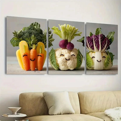 3pcs Funny Vegetables Kitchen Nursery Decor Art Wall Art Set Canvas Framed 60x90cm - High Quality Print 100% Australian Made Wall Canvas Ready to Hang - Bella Home Decor