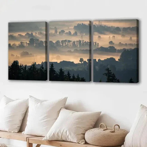 3pcs Misty Forest & Small Town Decoration Wall Art Canvas Unframed - High Quality Print 100% Australian Made Wall Canvas