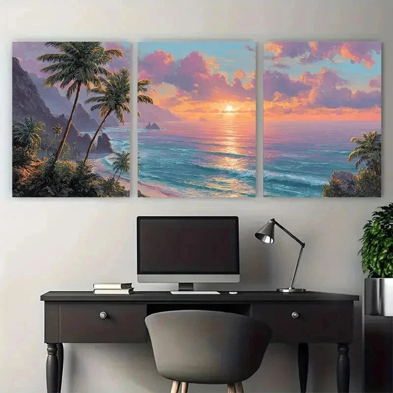 3pcs Palm Trees & Mountains Relaxing Perfect Wall Art Set Canvas Framed 50x70cm - High Quality Print 100% Australian Made Wall Canvas Ready to Hang