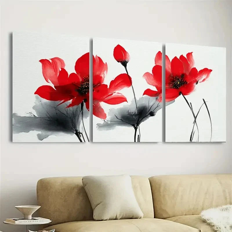 3pcs Chinese Red Lotus Botanical Zen Nature Wall Art Set Canvas Framed 40x60cm - High Quality Print 100% Australian Made Wall Canvas Ready to Hang - Bella Home Decor
