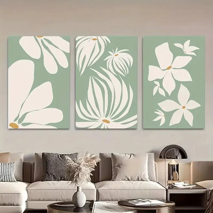 3pcs White Flowers & Leaves Green Floral Metal Print Ready to Hang Art - Bella Home Decor