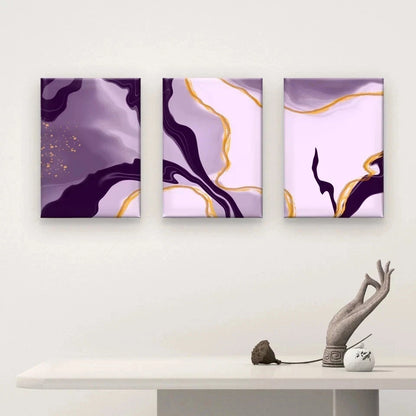 3pcs Purple and Gold Abstract Fluid Paint Wall Art Set Canvas Framed 50x70cm - High Quality Print 100% Australian Made Wall Canvas Ready to Hang