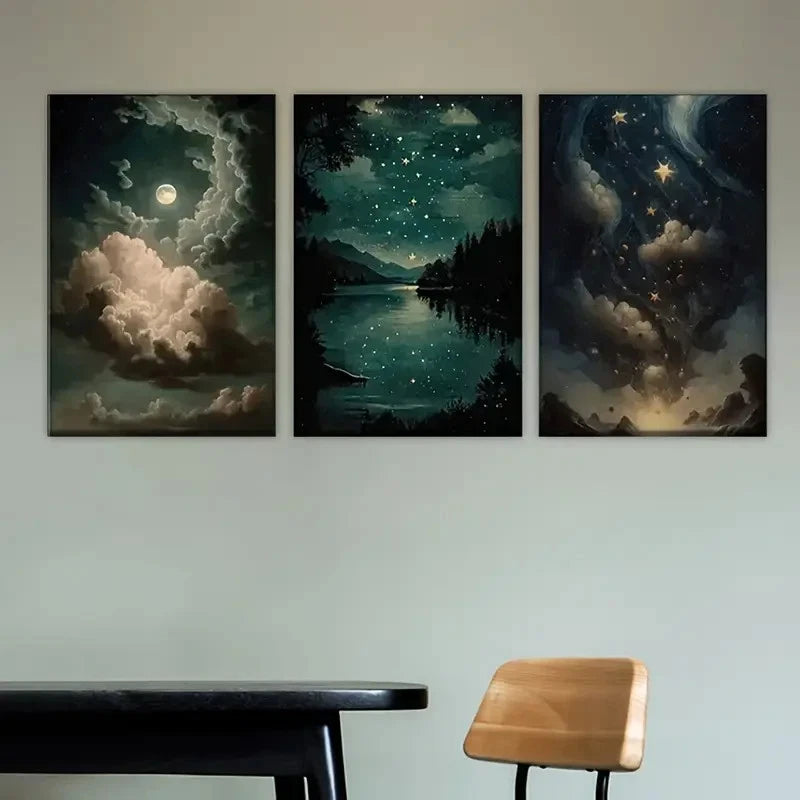 3pcs Polyester, Frameless Posters with Moonlit Wall Art Set Canvas Framed 60x90cm - High Quality Print 100% Australian Made Wall Canvas Ready to Hang - Bella Home Decor