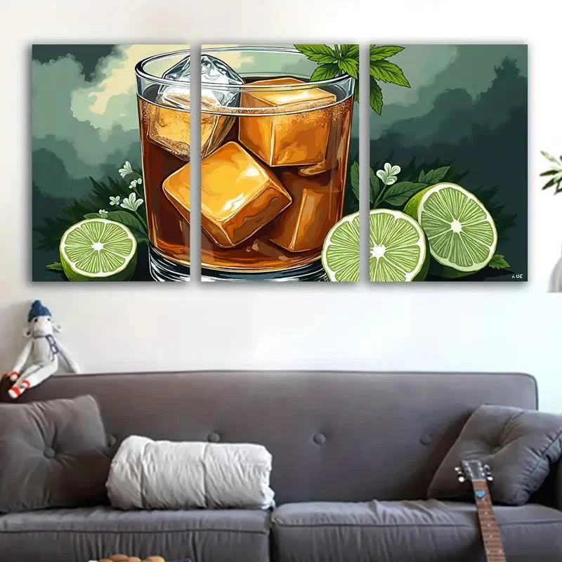 3pcs Whiskey Ice Glass Wall Art Set Canvas Framed 40x60cm - High Quality Print 100% Australian Made Wall Canvas Ready to Hang