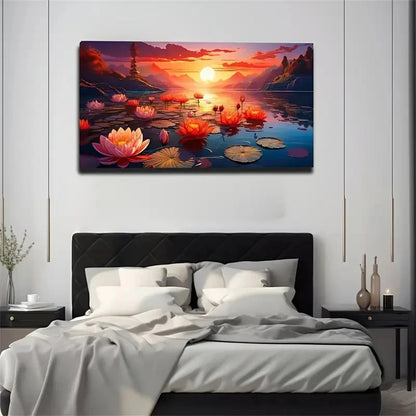Lotus Lake Vibrant Décor Lake Wall Art Canvas Office Home Room Framed 120x60cm
