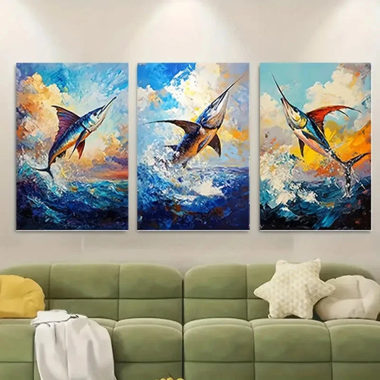 3pcs Sailfish & Frigate Vibrant Blue & Golden Wall Art Set Canvas Framed 50x70cm - High Quality Print 100% Australian Made Wall Canvas Ready to Hang
