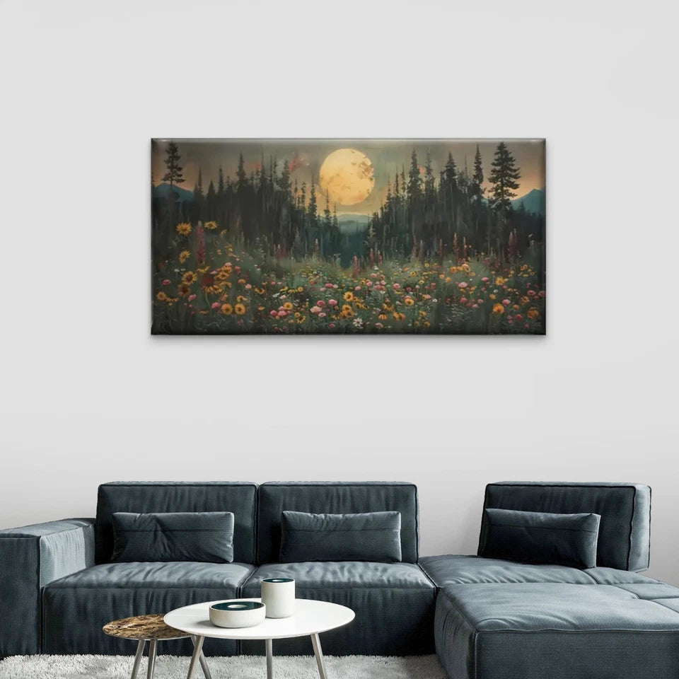 Fields Of Flowers Full Moon  Wall Art Canvas Office Home Room Framed 120x60cm