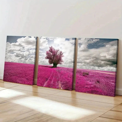 3pcs Pink Flower Field and Tree Decor Wall Art Set Canvas Framed 50x70cm - High Quality Print 100% Australian Made Wall Canvas Ready to Hang