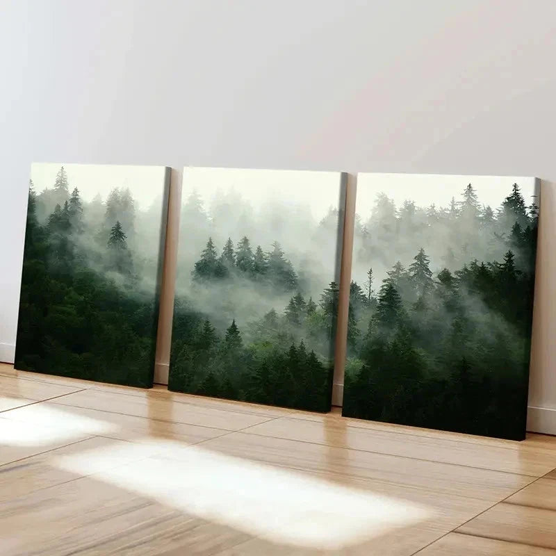 3pcs Forest Fog and Tall Trees Landscape Wall Art Set Canvas Framed 50x70cm - High Quality Print 100% Australian Made Wall Canvas Ready to Hang - Bella Home Decor