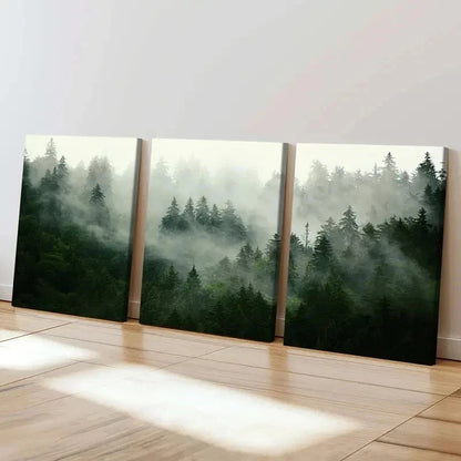 3pcs Forest Fog and Tall Trees Landscape Wall Art Set Canvas Framed 50x70cm - High Quality Print 100% Australian Made Wall Canvas Ready to Hang - Bella Home Decor